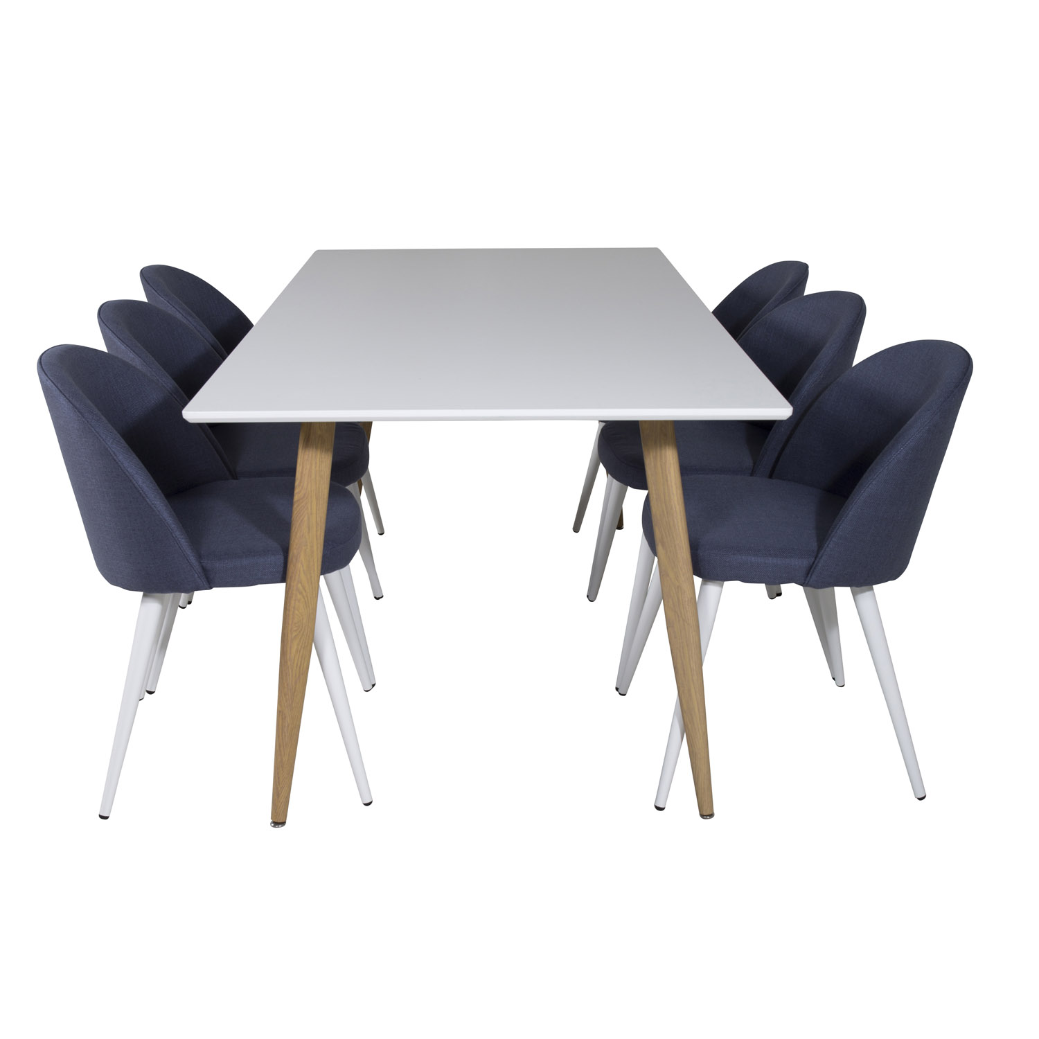VENTURE DESIGN Polar spisebordssæt, m.6 stole - hvid MDF/natur folie metal, blå stof/hvid metal