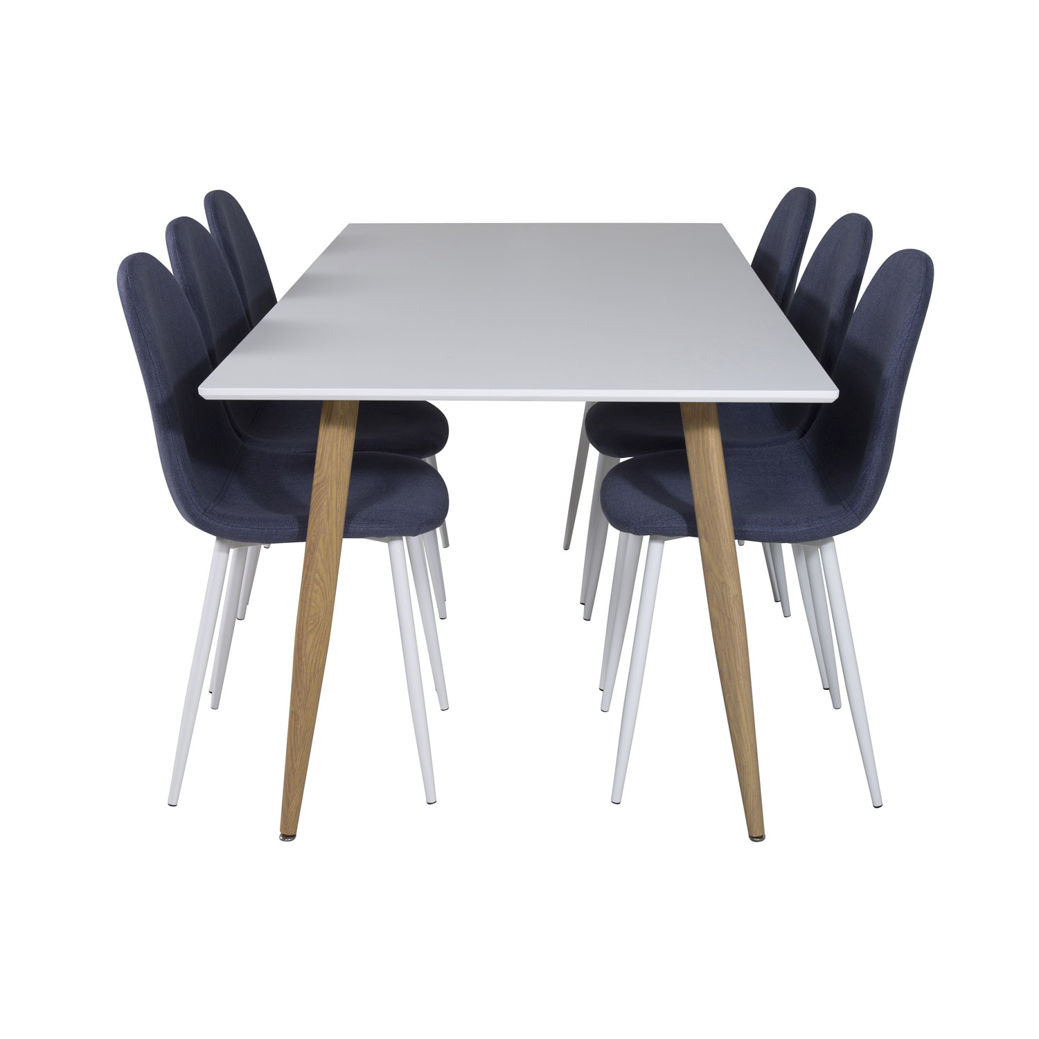 VENTURE DESIGN Polar spisebordssæt, m. 6 stole - hvid MDF/natur folie metal, blå stof/hvid metal