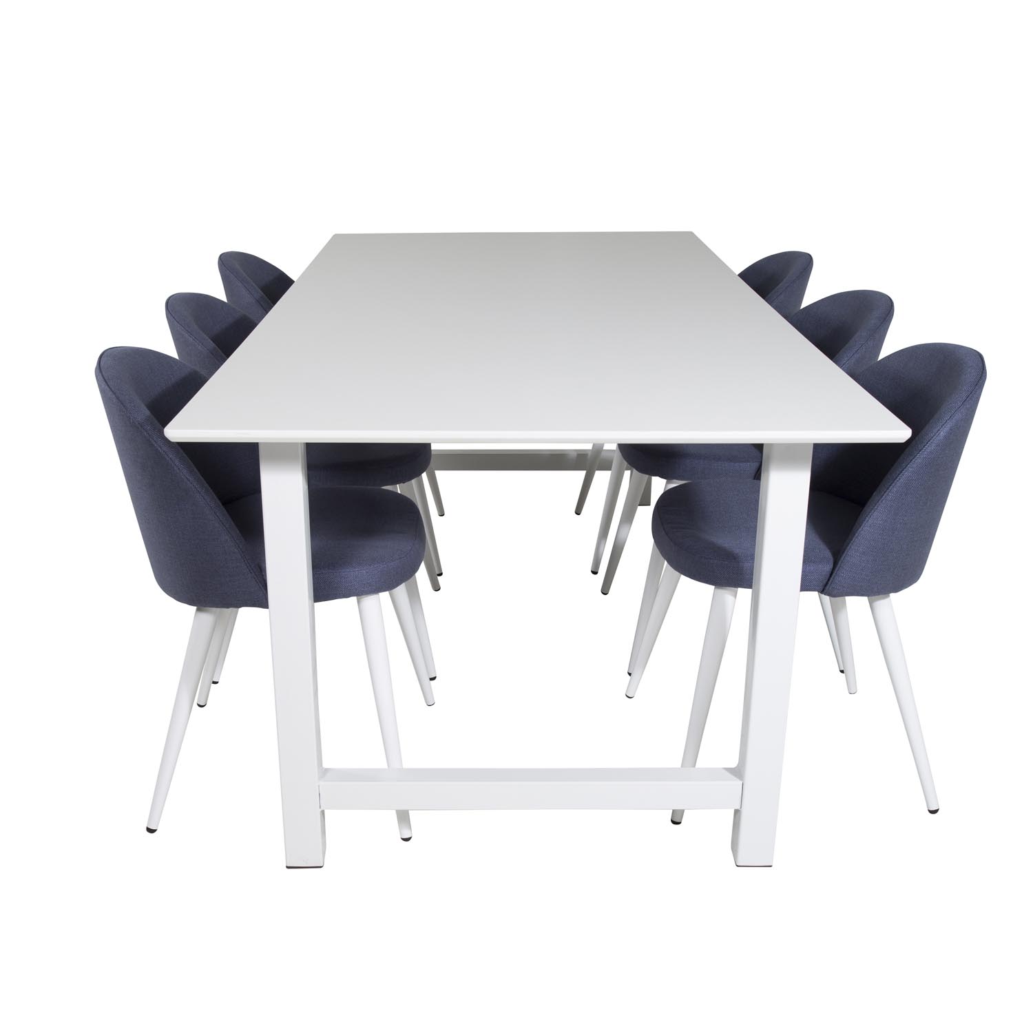 Billede af VENTURE DESIGN Count spisebordssæt, m. 6 stole - hvid MDF/hvid metal og blå stof/hvid metal