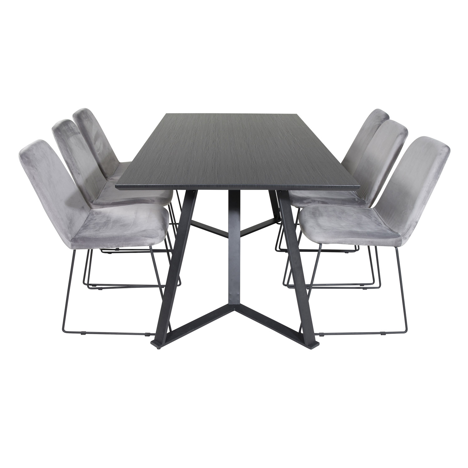 VENTURE DESIGN Marina spisebordssæt, m. 6 stole - sort finer/sort metal og grå fløjl/sort metal