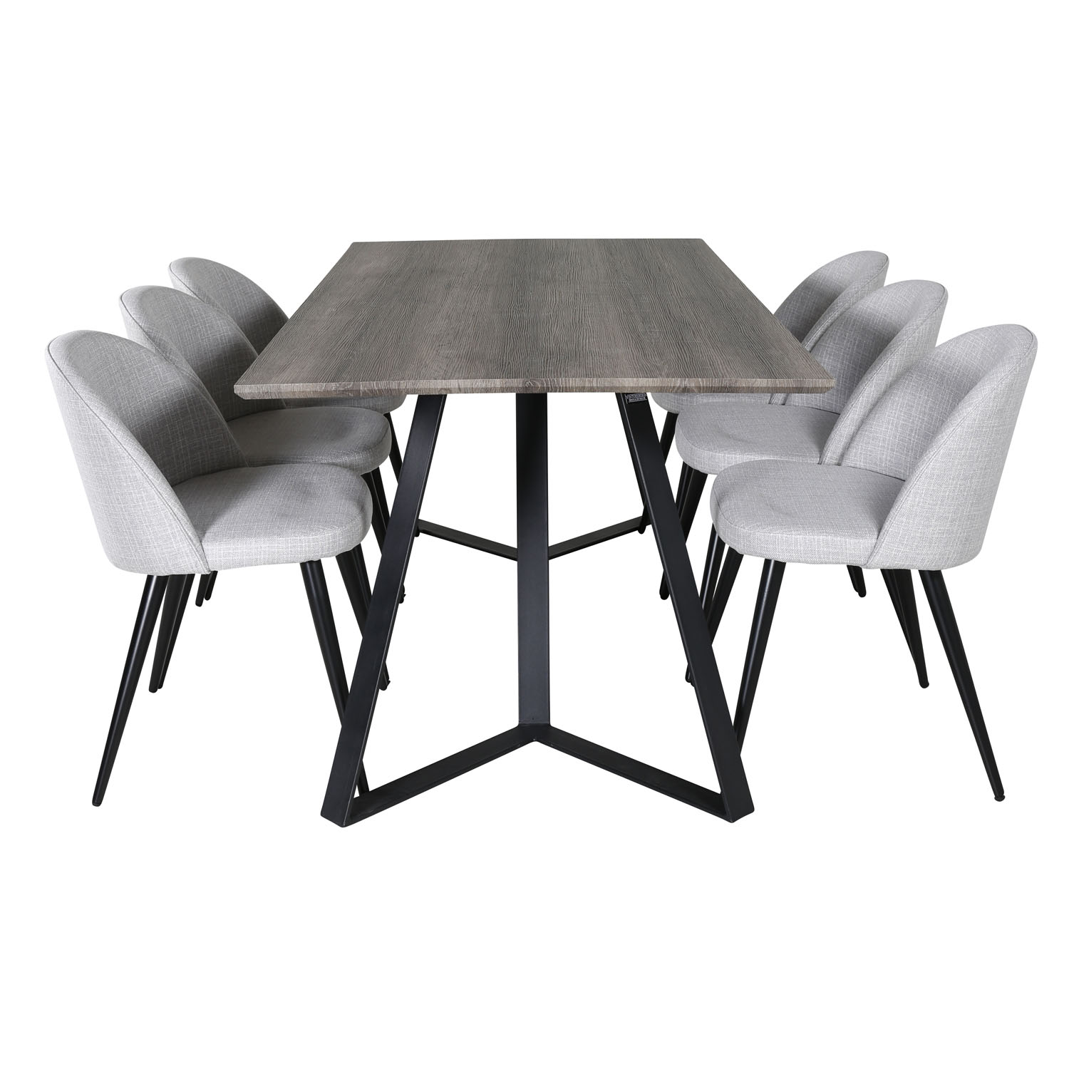 Billede af VENTURE DESIGN Marina spisebordssæt, m. 6 stole - grå finer/sort metal og lysegrå stof/sort metal