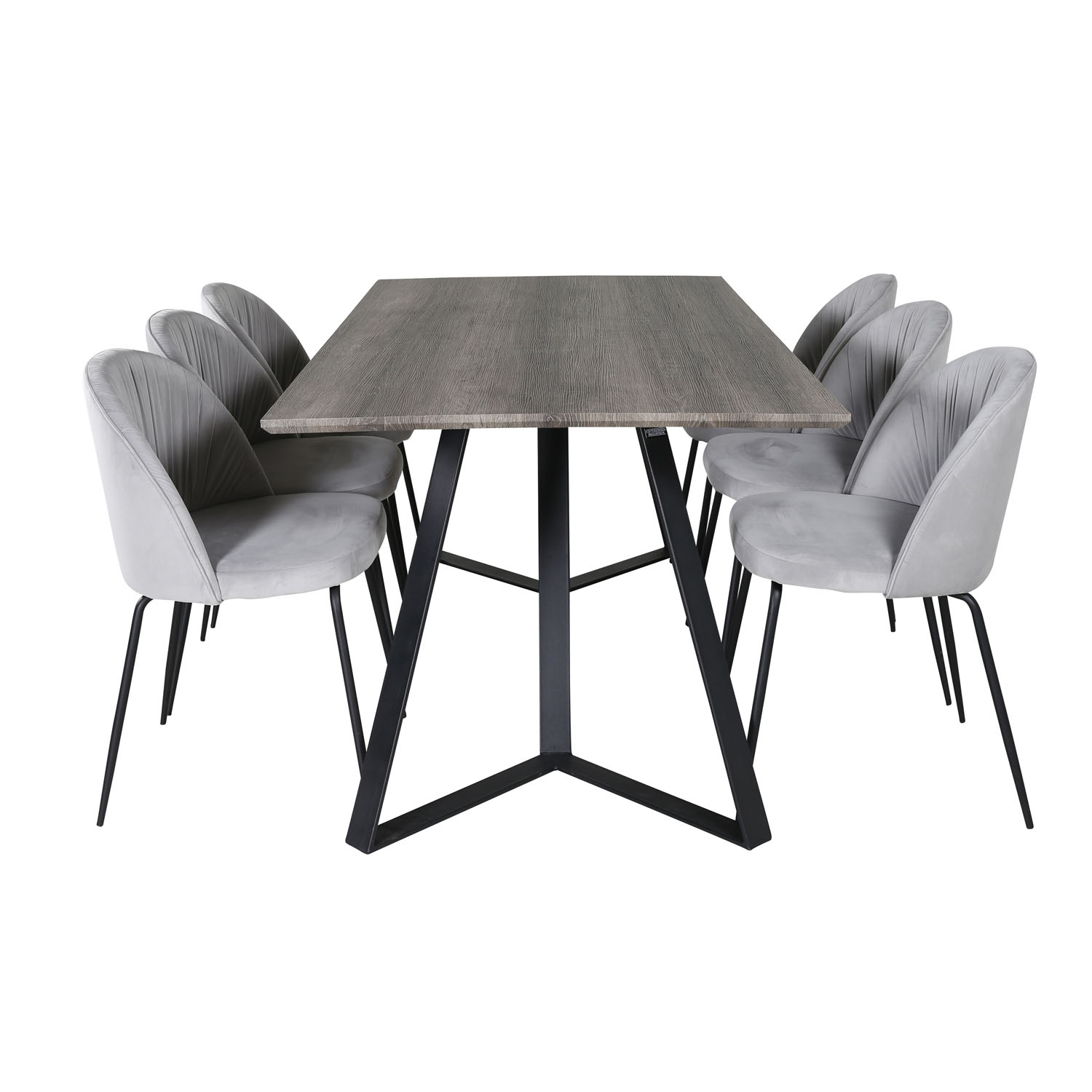 VENTURE DESIGN Marina spisebordssæt, m. 6 stole - grå finer/sort metal og grå fløjl/sort metal
