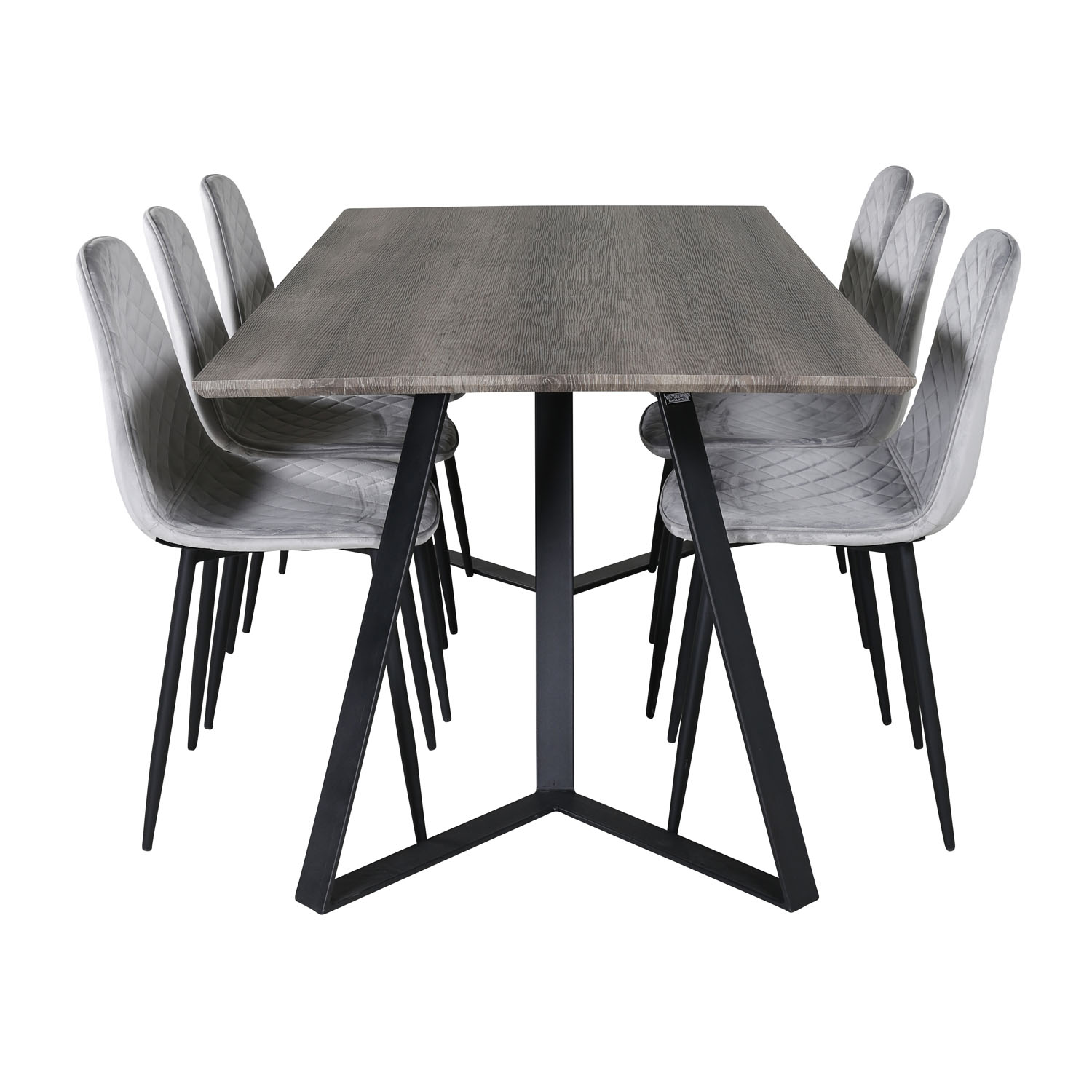 VENTURE DESIGN Marina spisebordssæt, m. 6 stole - grå finer/sort metal og grå fløjl/sort metal