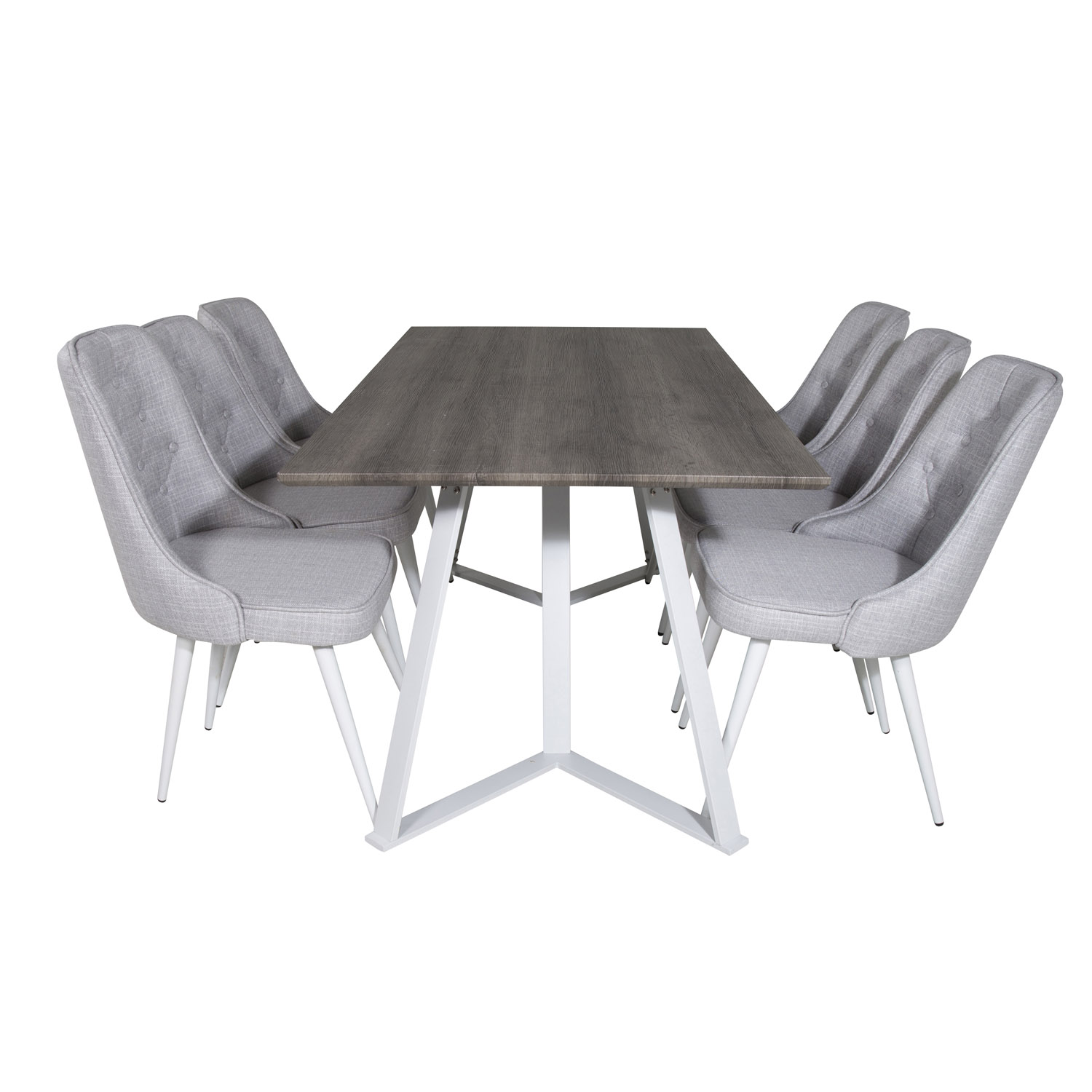 VENTURE DESIGN Marina spisebordssæt, m. 6 stole - grå finer/hvid metal og lysegrå stof/hvid metal