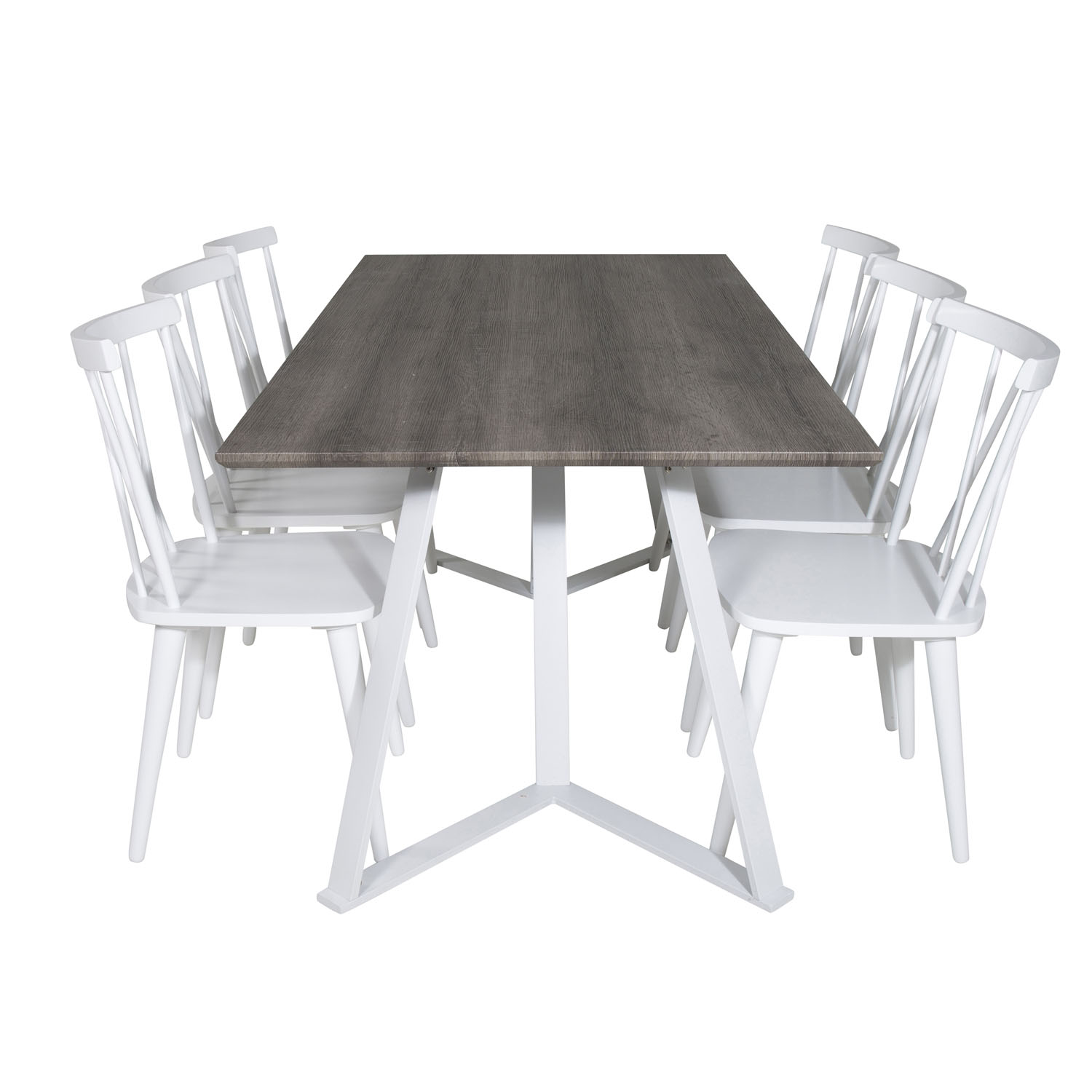 Billede af VENTURE DESIGN Marina spisebordssæt, m. 6 stole - grå finer/hvid metal og hvid gummitræ