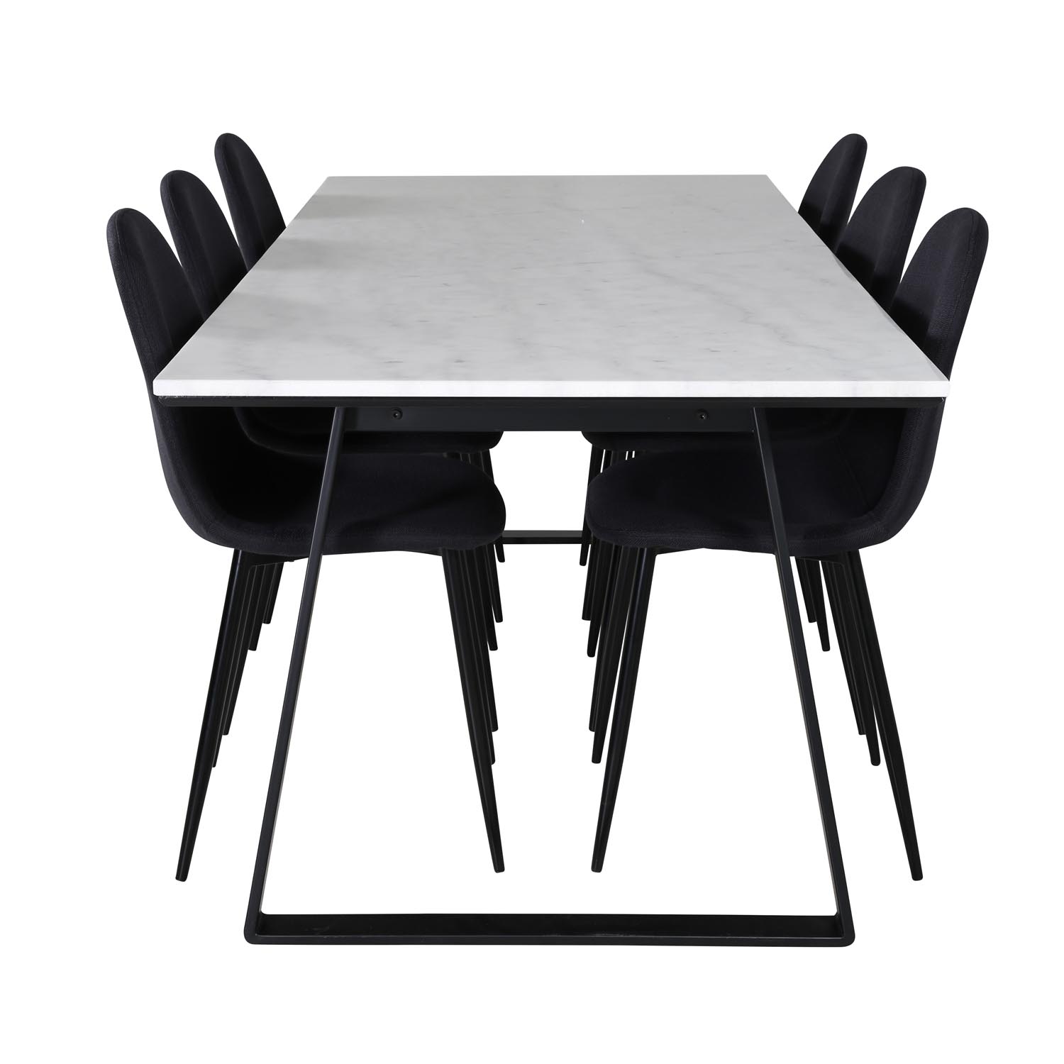 venture design estelle matbordsset, med 6 stolar - vit marmor / svart metall och svart tyg / svart metall