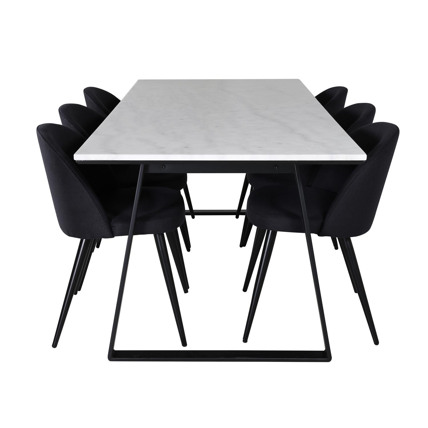 venture design estelle matbordsset, med 6 stolar - vit marmor / svart metall och svart tyg / svart metall