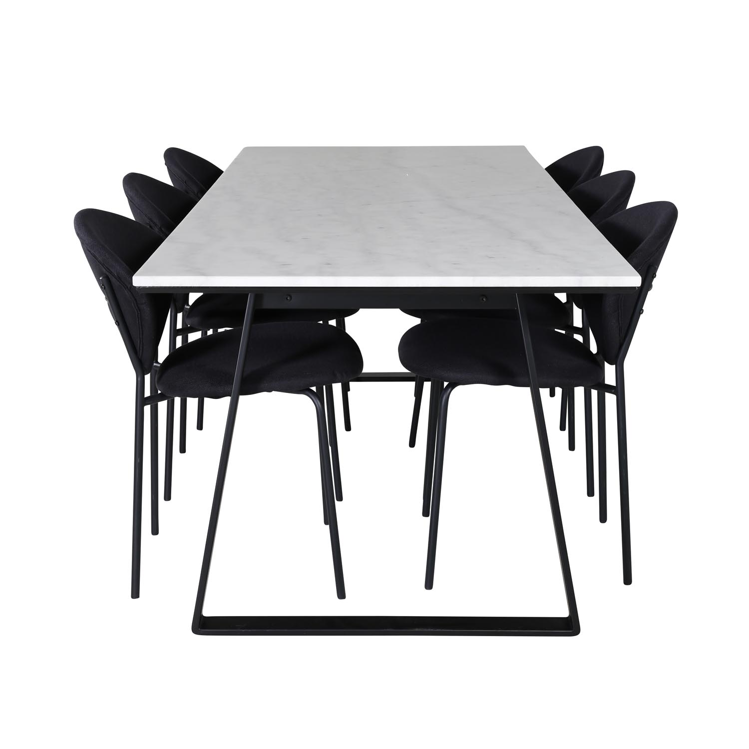 venture design estelle matbordsset, med 6 stolar - vit marmor / svart metall och svart tyg / svart metall