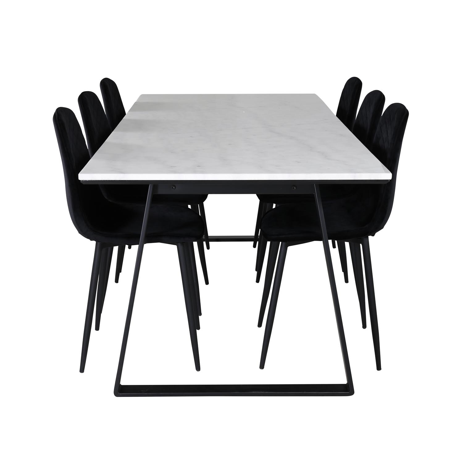 venture design estelle matbordsset, med 6 stolar - vit marmor / svart metall och svart sammet / svart metall