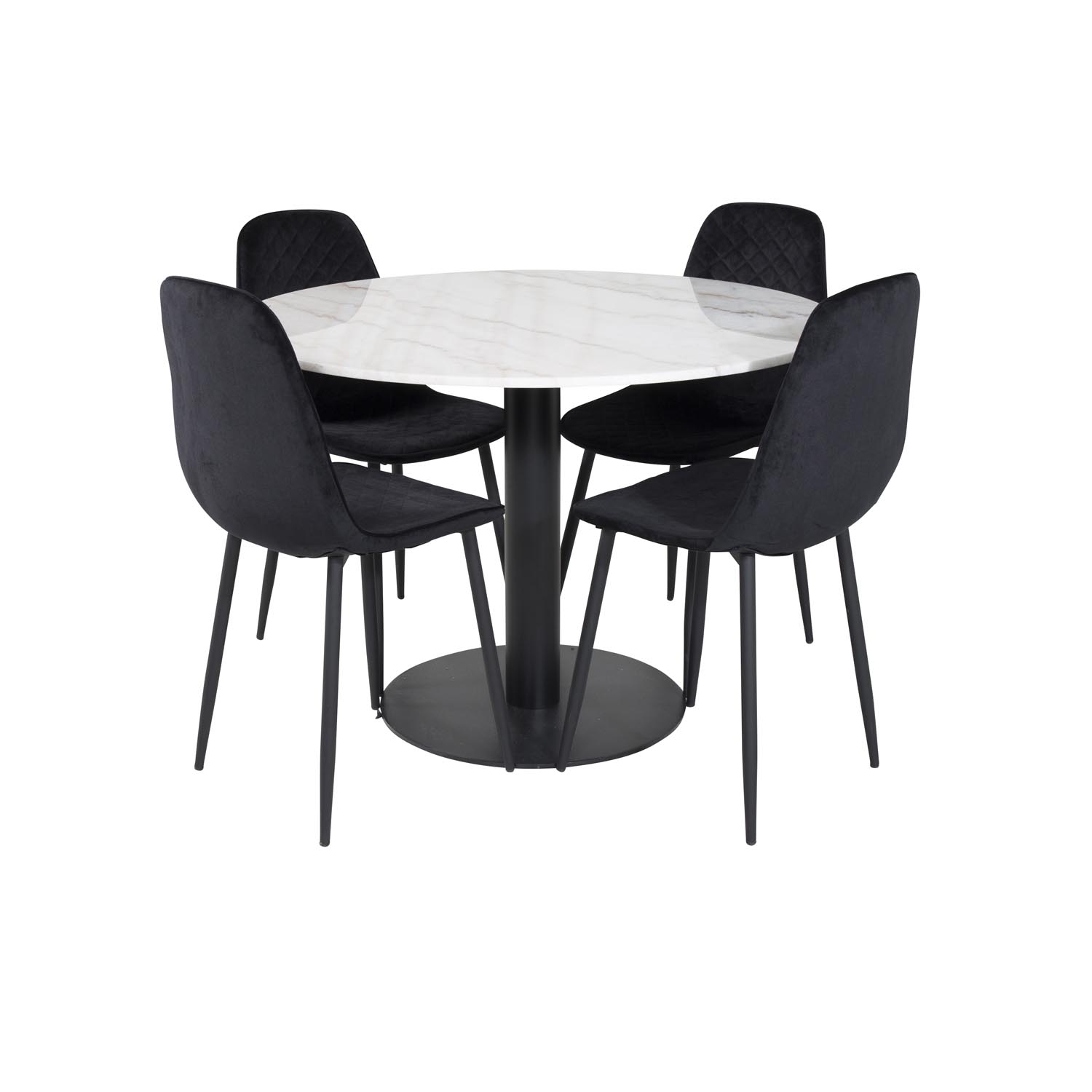 VENTURE DESIGN Estelle spisebordssæt, m. 4 stole - hvid marmor/sort metal og sort fløjl/sort metal