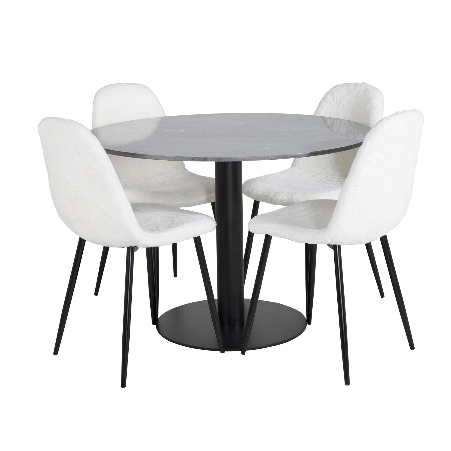 VENTURE DESIGN Estelle spisebordssæt, m. 4 stole - sort marmor, hvid bamsestof og sort metal