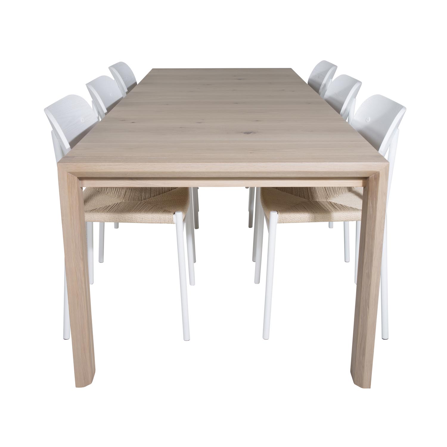 VENTURE DESIGN Slider spisebordssæt, m. 6 stole - hvidvasket egefiner/eg, naturfiber, hvid MDF/stål