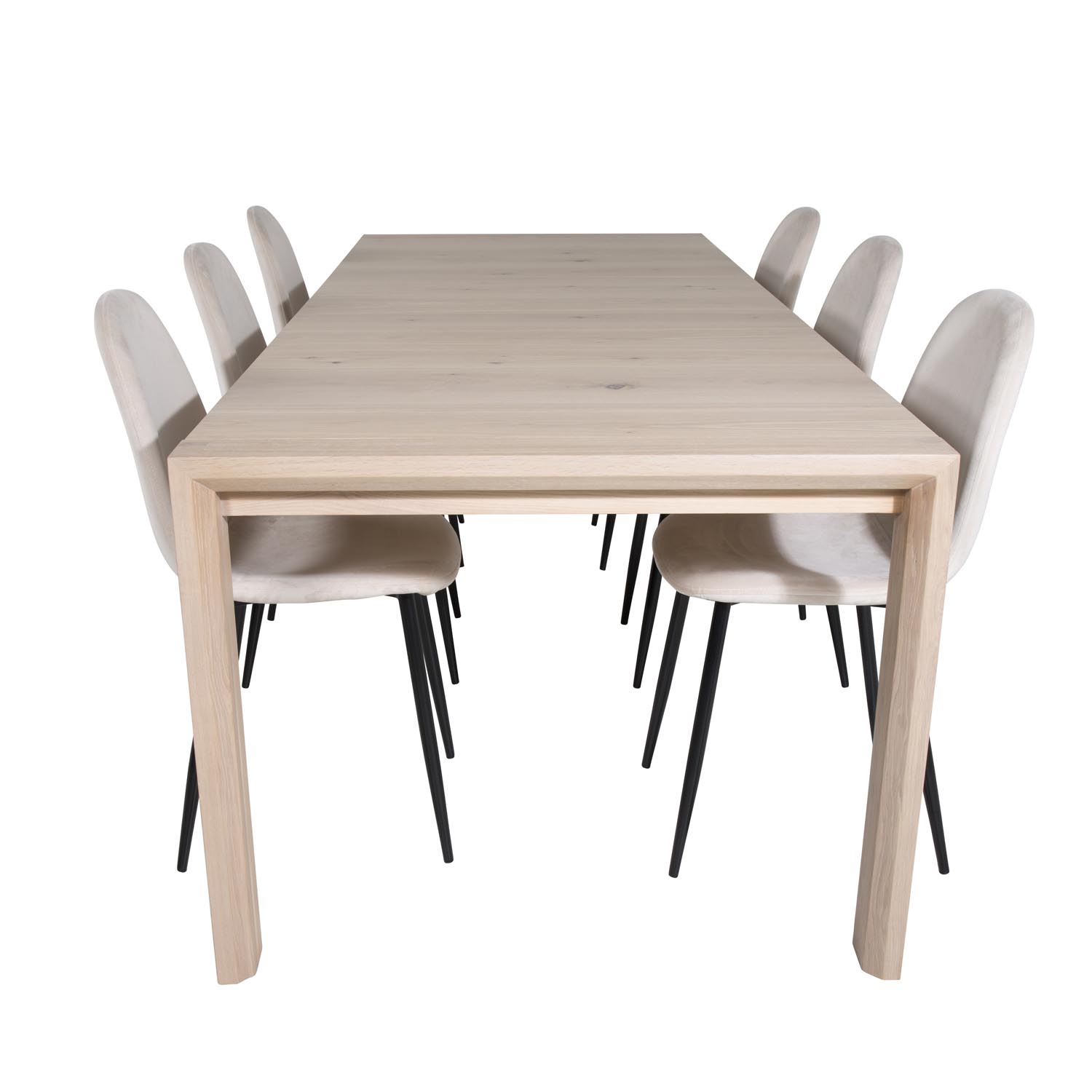 VENTURE DESIGN Slider spisebordssæt, m. 6 stole - hvidvasket egefiner/eg og beige stof/sort metal