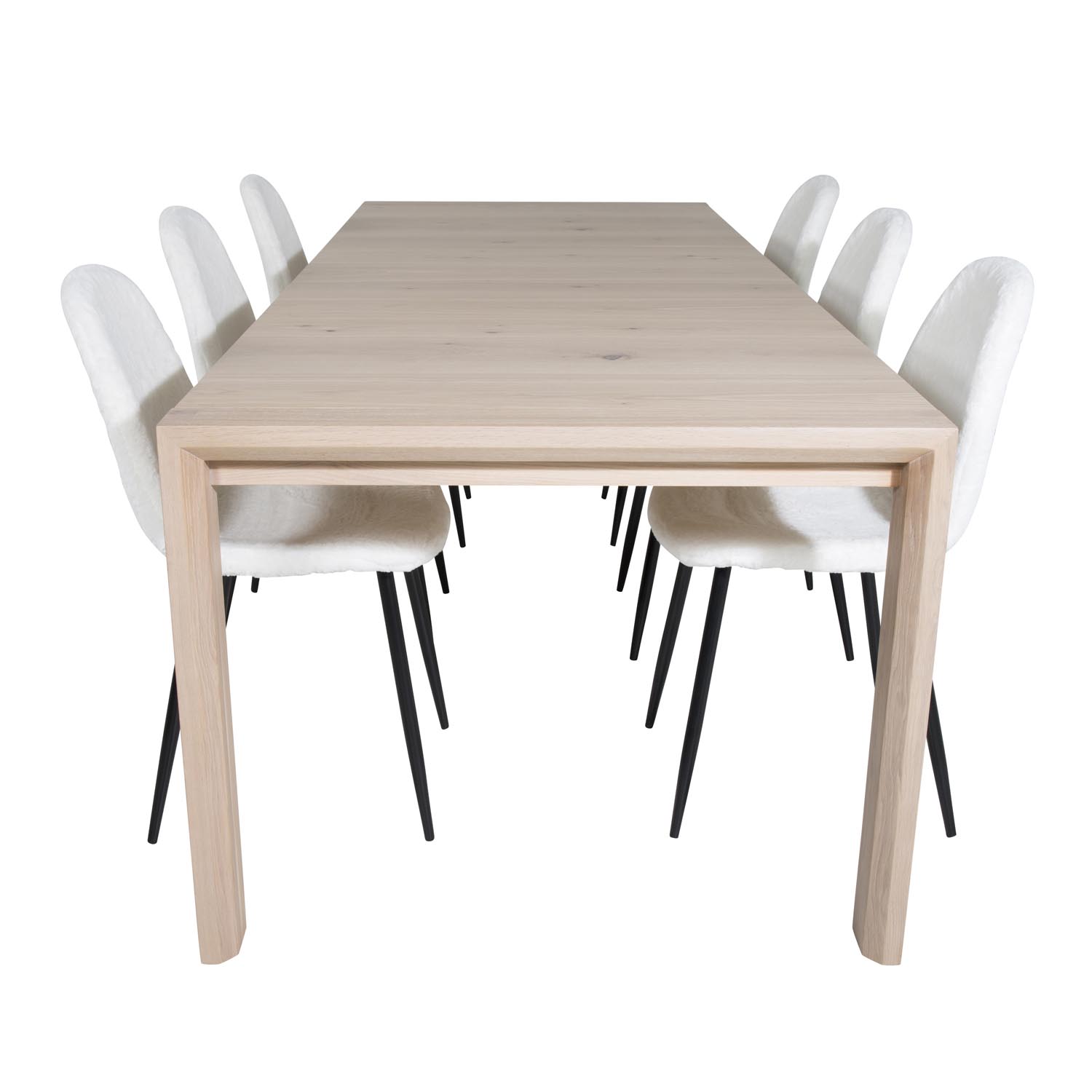 VENTURE DESIGN Slider spisebordssæt, m. 6 stole - hvidvasket egefiner/eg og hvid teddy/sort metal