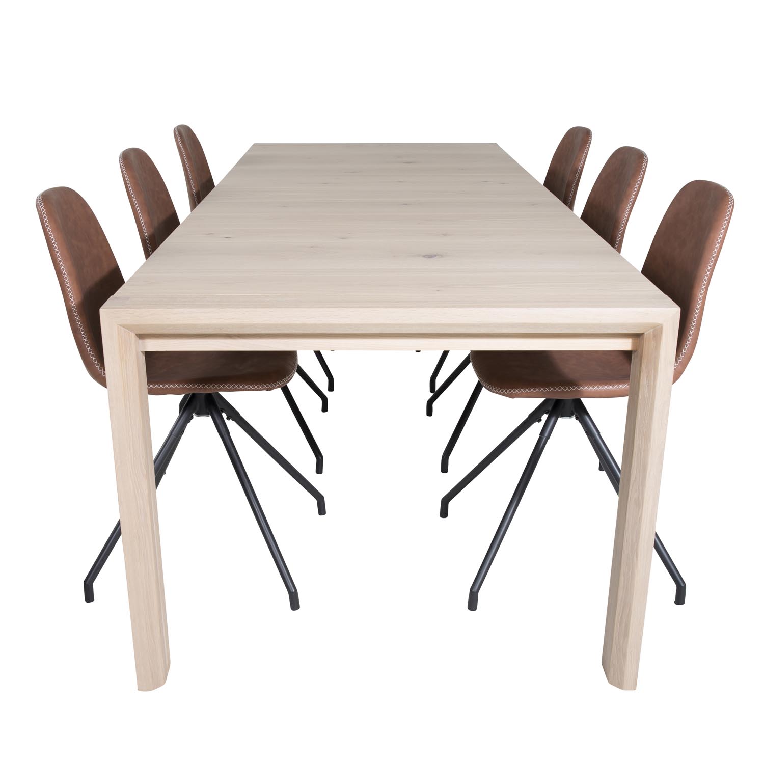 VENTURE DESIGN Slider spisebordssæt, m. 6 stole - hvidvasket egefiner/eg og brun PU/sort metal
