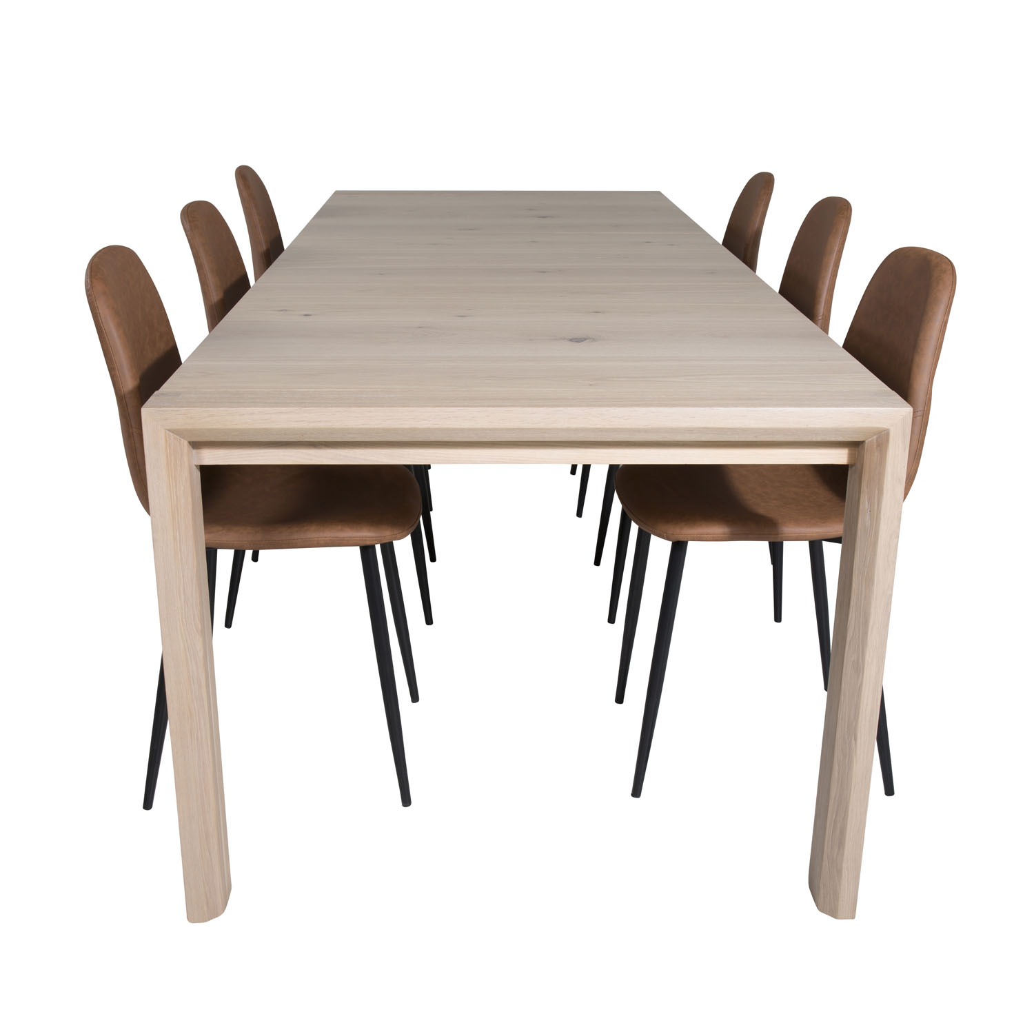 9: VENTURE DESIGN Slider spisebordssæt, m. 6 stole - hvidvasket egefiner/eg og brun PU/sort metal