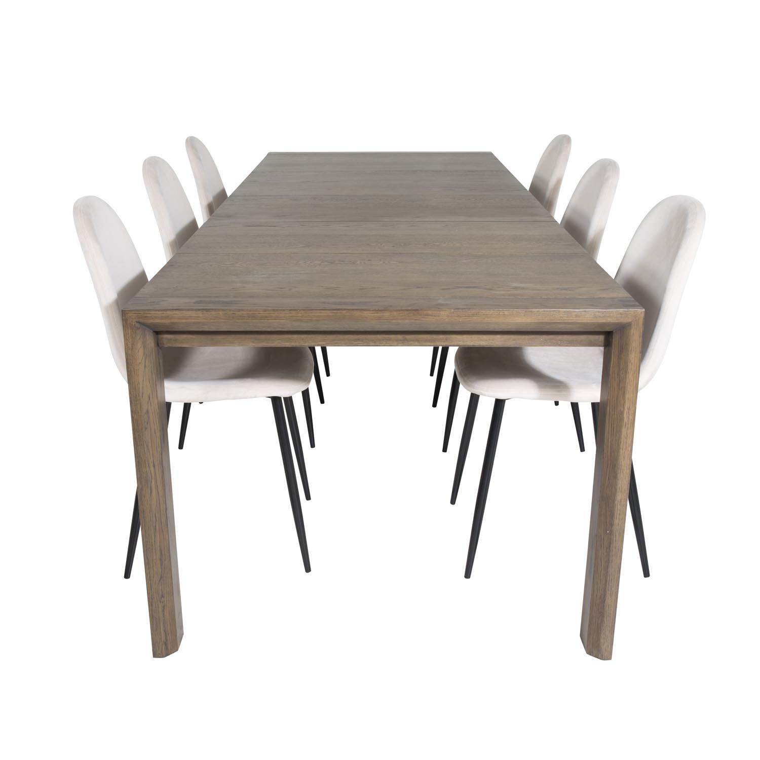 VENTURE DESIGN Slider spisebordssæt, m. 6 stole - smoked egefiner/eg og beige stof/sort metal