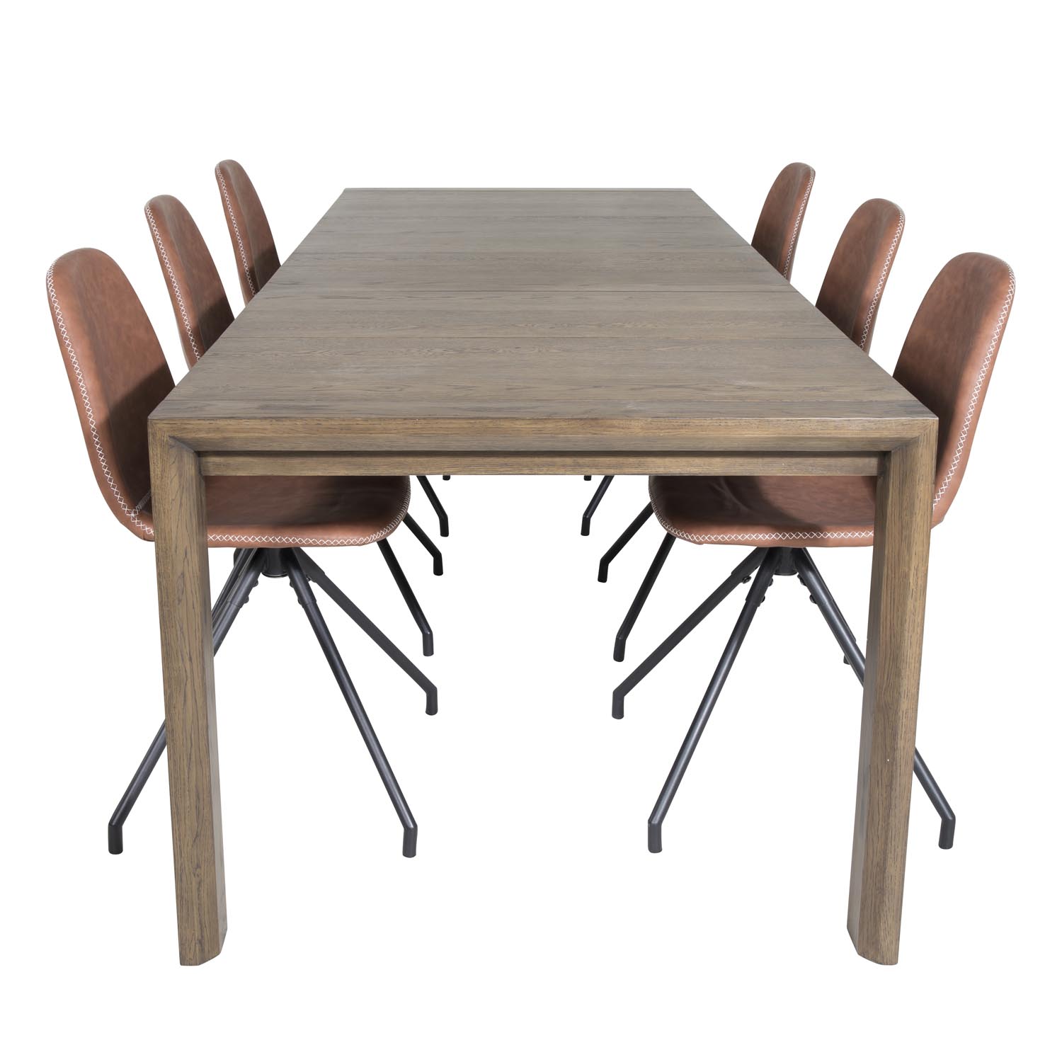 VENTURE DESIGN Slider spisebordssæt, m. 6 stole - smoked egefiner/eg og brun PU/sort metal