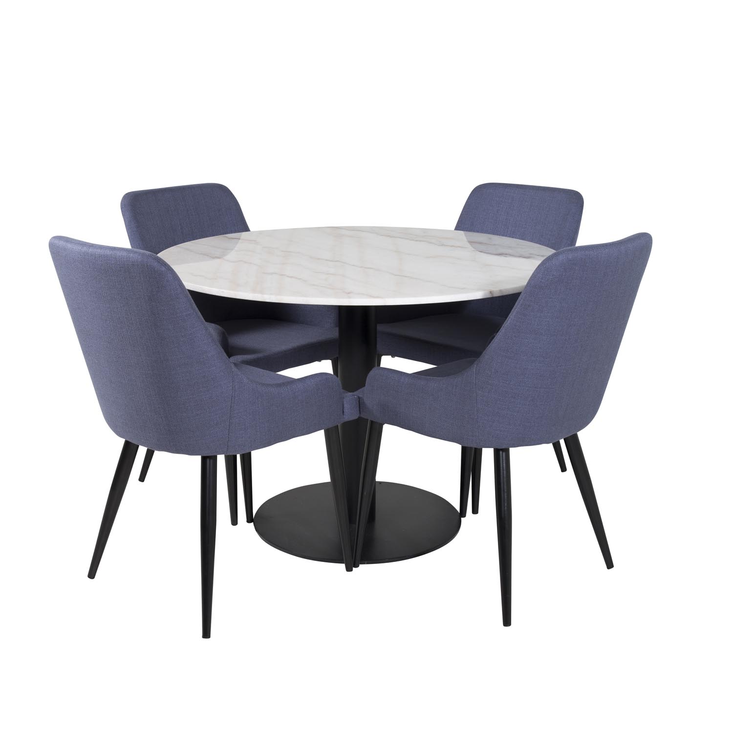 VENTURE DESIGN Estelle spisebordssæt, m. 4 stole - hvid marmor/sort metal og blå stof/sort metal