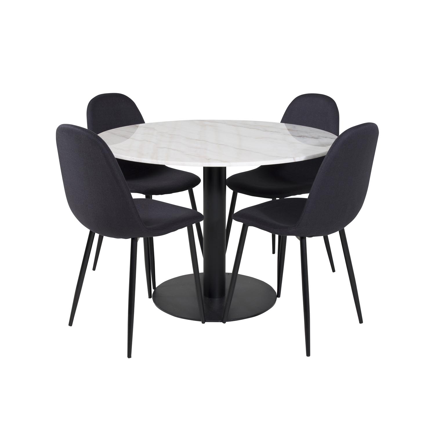 VENTURE DESIGN Estelle spisebordssæt, m. 4 stole - hvid marmor/sort metal og sort stof/sort metal