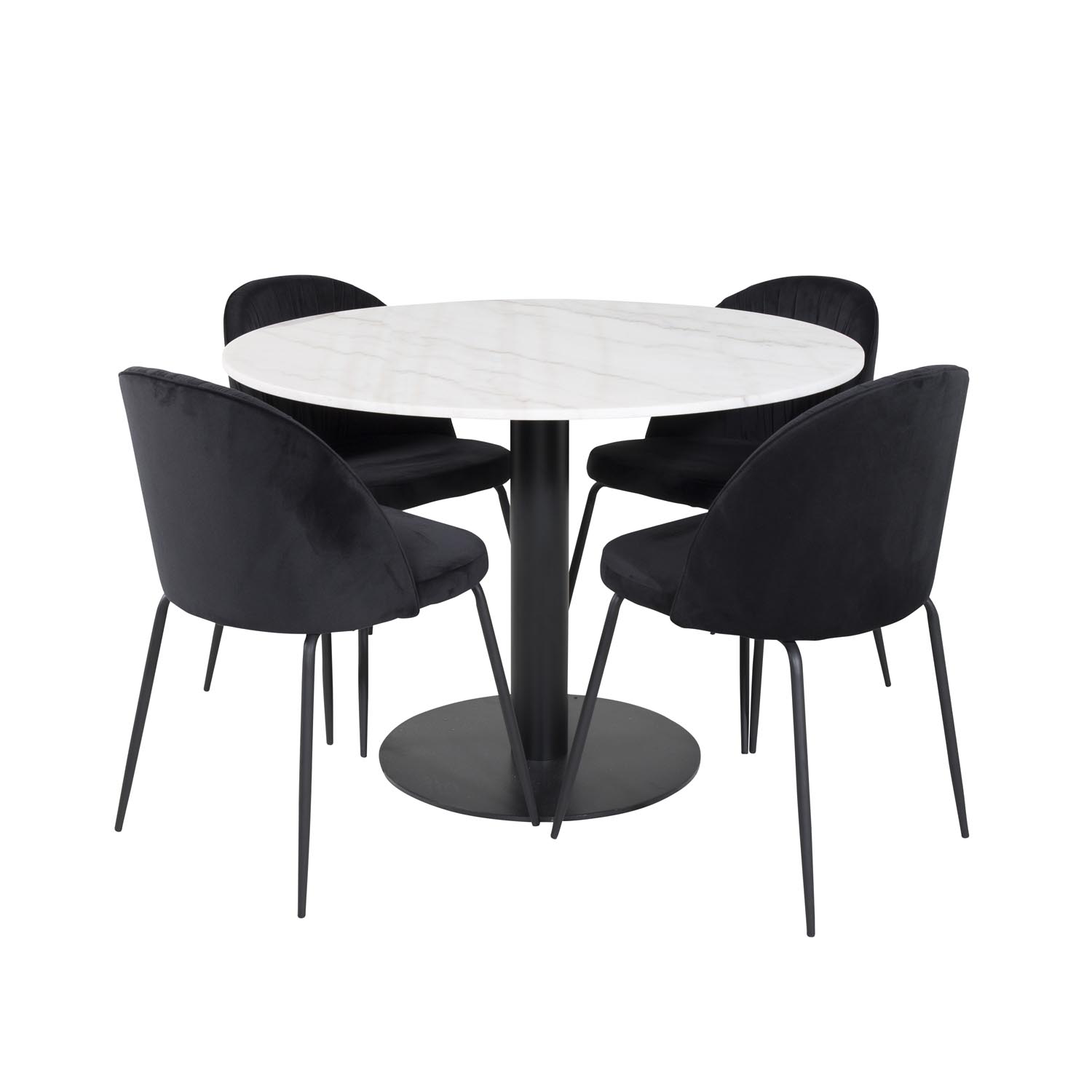 VENTURE DESIGN Estelle spisebordssæt, m. 4 stole - hvid marmor/sort metal og sort stof/sort metal