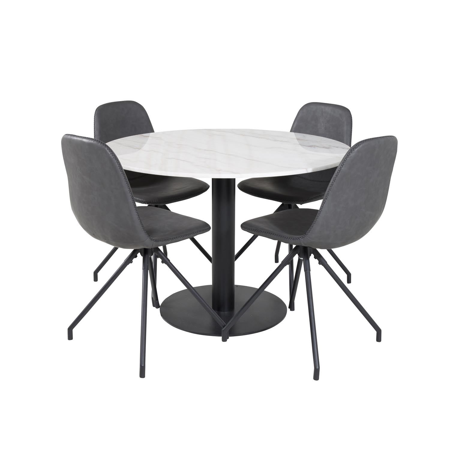 VENTURE DESIGN Estelle spisebordssæt, m. 4 stole - hvid marmor/sort metal og sort PU/sort metal