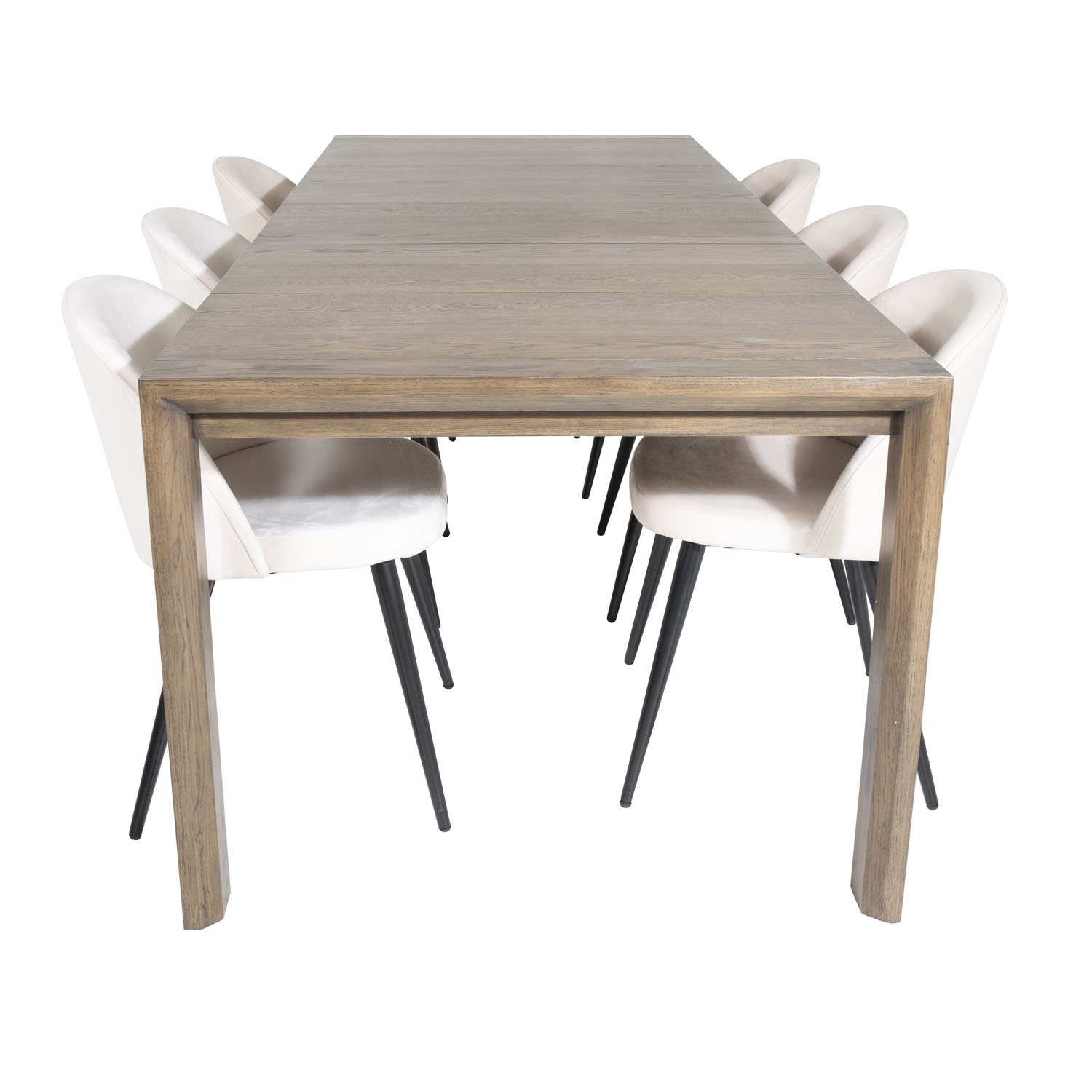 #3 - VENTURE DESIGN Slider spisebordssæt, m. 6 stole - smoked egefiner/eg og beige fløjl/sort metal