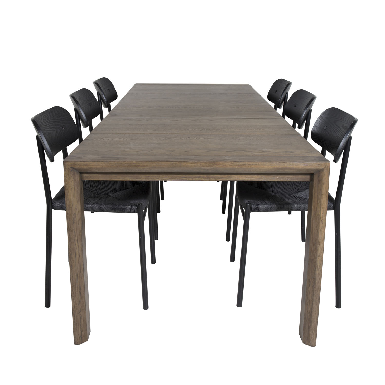 VENTURE DESIGN Slider spisebordsett, m. 6 stoler – røkt eikefiner/eik, naturfiber, sort MDF/metall