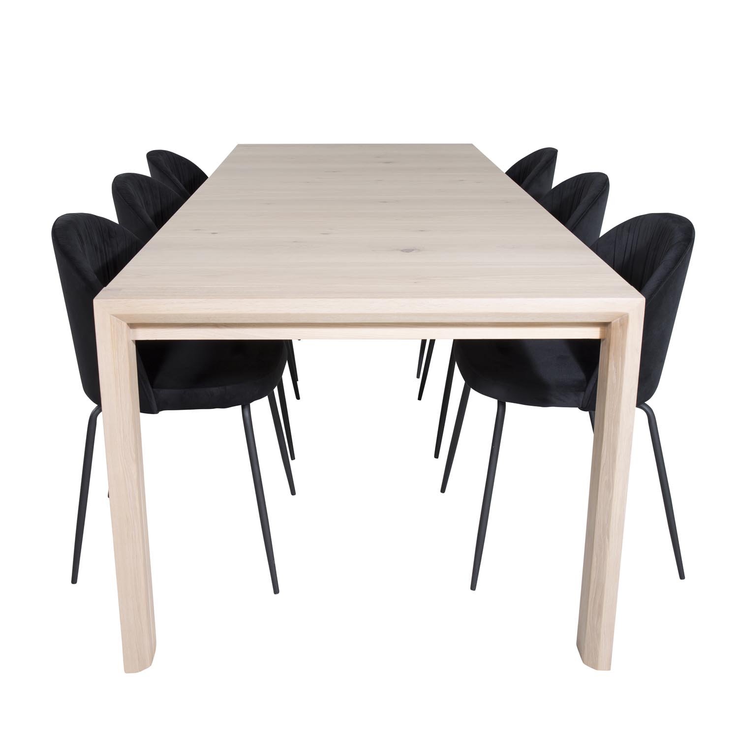 15: VENTURE DESIGN Slider spisebordssæt, m. 6 stole - hvidvasket egefiner/eg og sort fløjl/sort metal