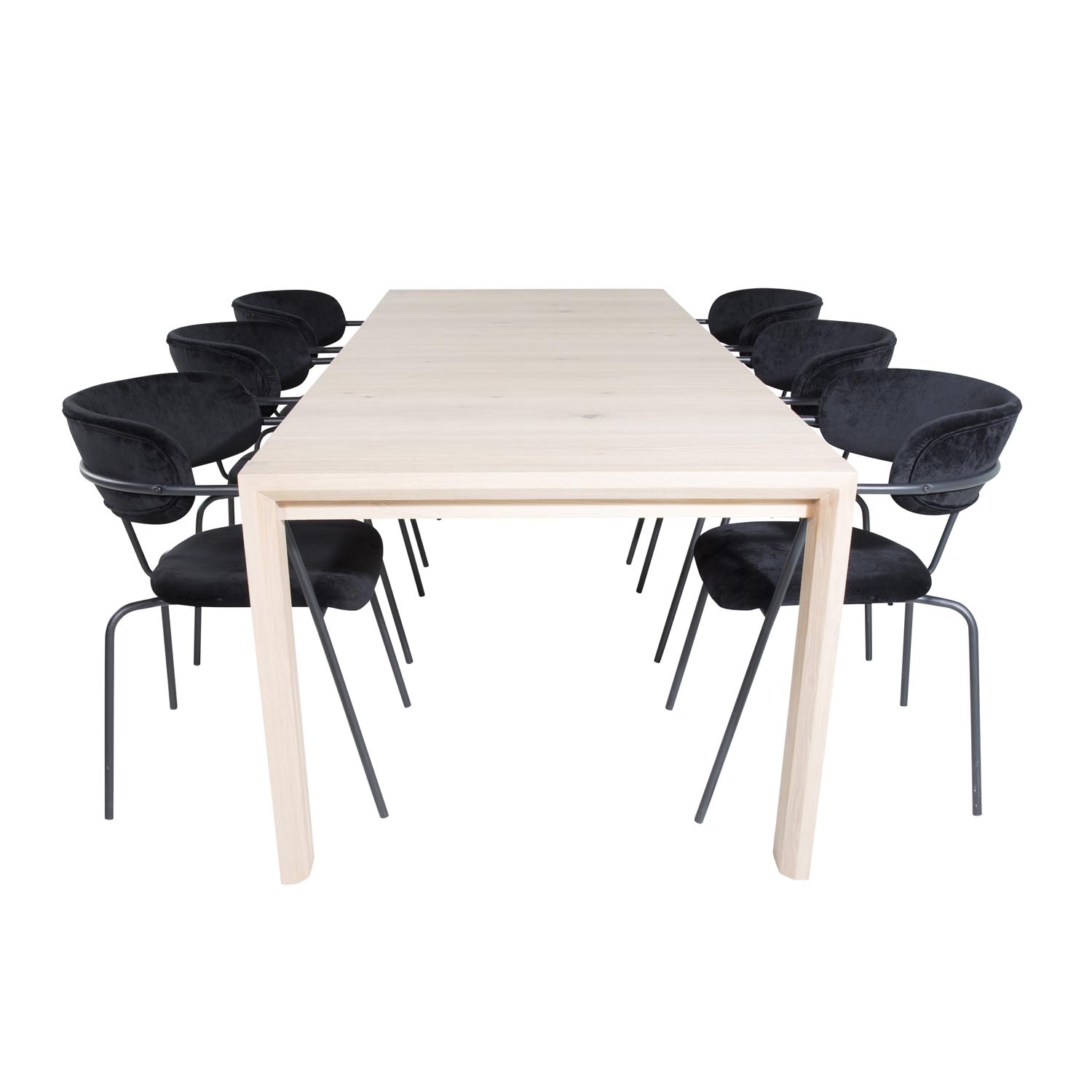 VENTURE DESIGN Slider spisebordssæt, m. 6 stole - hvidvasket egefiner/eg og sort fløjl/sort metal