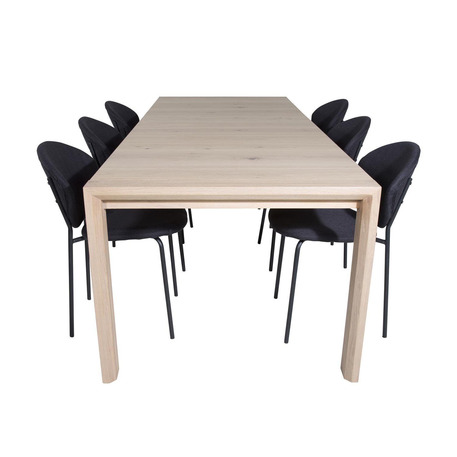 VENTURE DESIGN Slider spisebordssæt, m. 6 stole - hvidvasket egefiner/eg og sort fløjl/sort metal