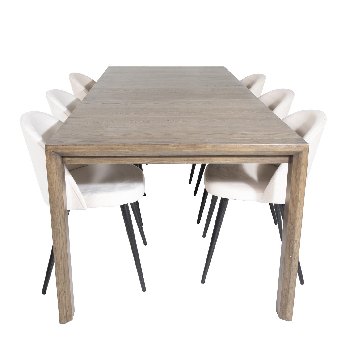 VENTURE DESIGN Slider spisebordssæt, m. 6 stole - smoked egefiner/eg og beige fløjl/sort metal