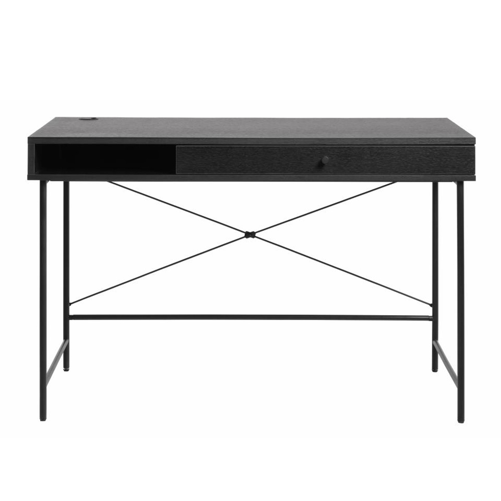 Exquisite skrivebord, m. 1 rum og 1 skuffe - sort melamin og sort metal (120x60)