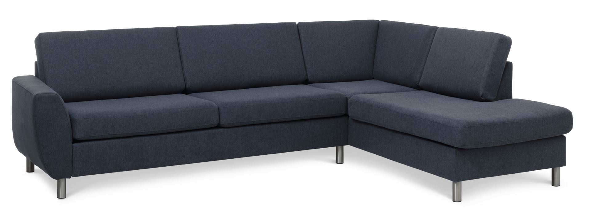 Wendy set 3 OE right sofa, m. chaiselong - blå polyester stof og børstet aluminium