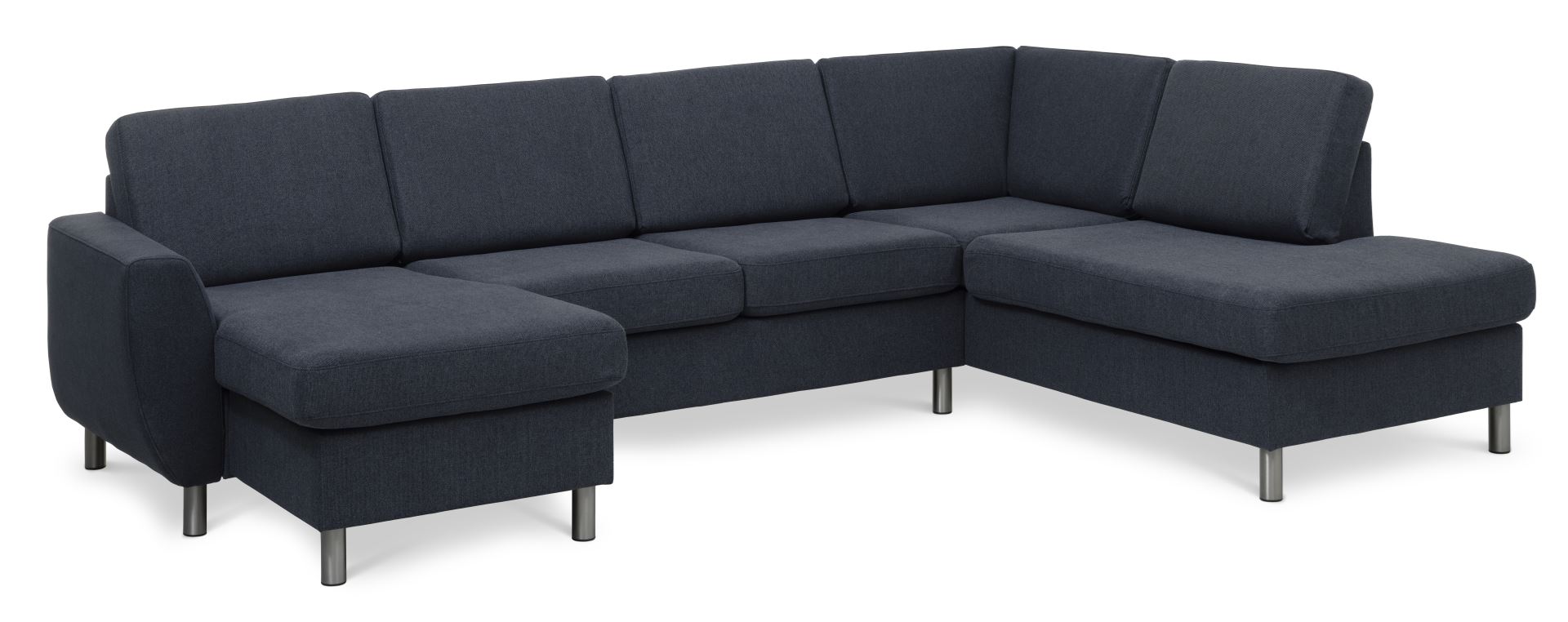 Wendy set 5 U OE right sofa, m. chaiselong - blå polyester stof og børstet aluminium