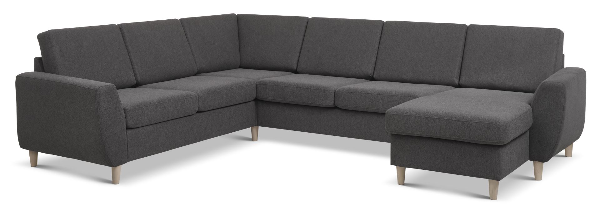 Wendy set 6 U 2C3D sofa, m. chaiselong - antracitgrå polyester stof og natur træ