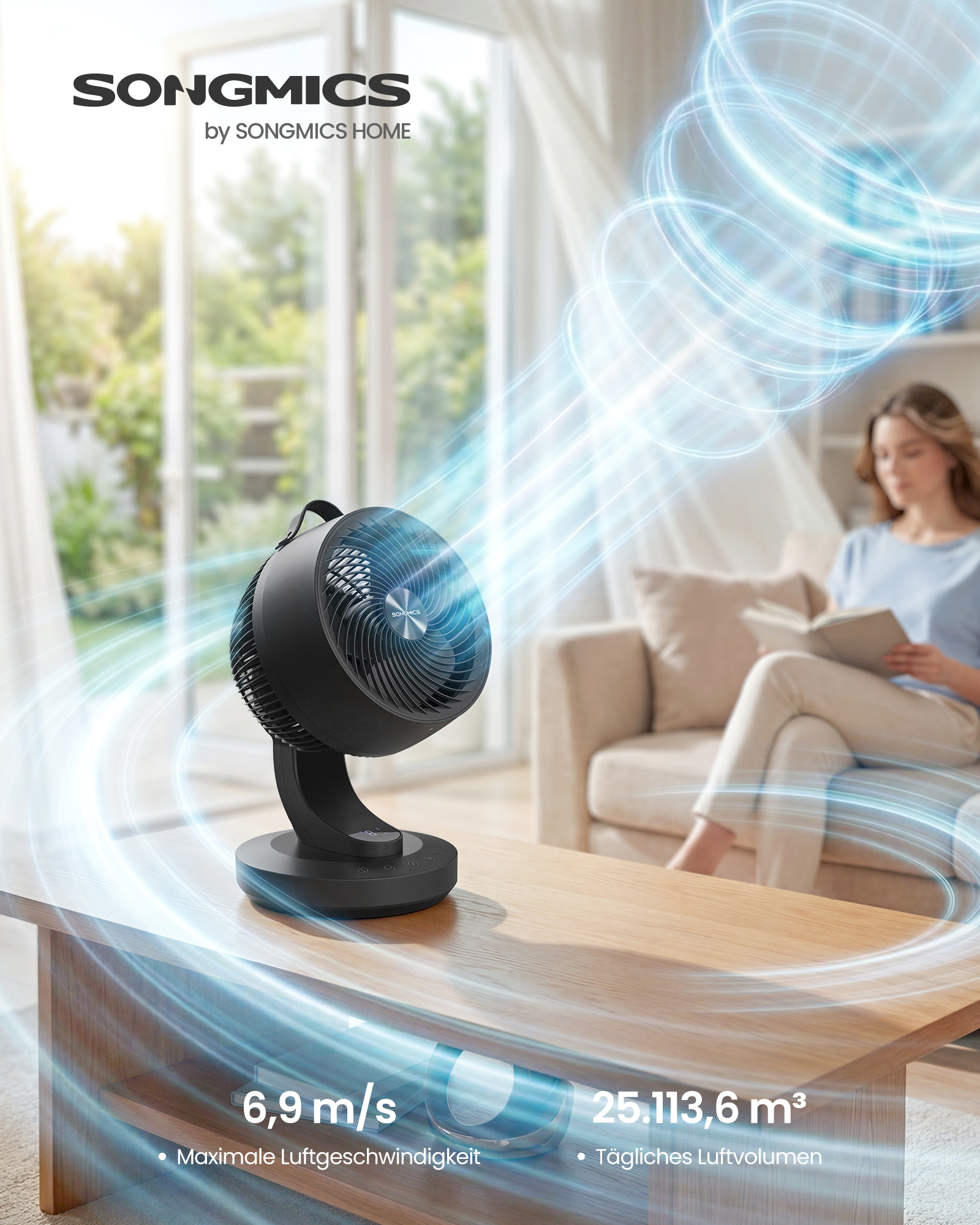 SONGMICS Bordventilator, Stille Ventilator 20 dB, Luftcirkulator LED Display, Fjernbetjening, Effektiv Køling, 70 ° Oscillation, 8 Hastigheder, 12 Timer, Blæksort XFC001B1EU