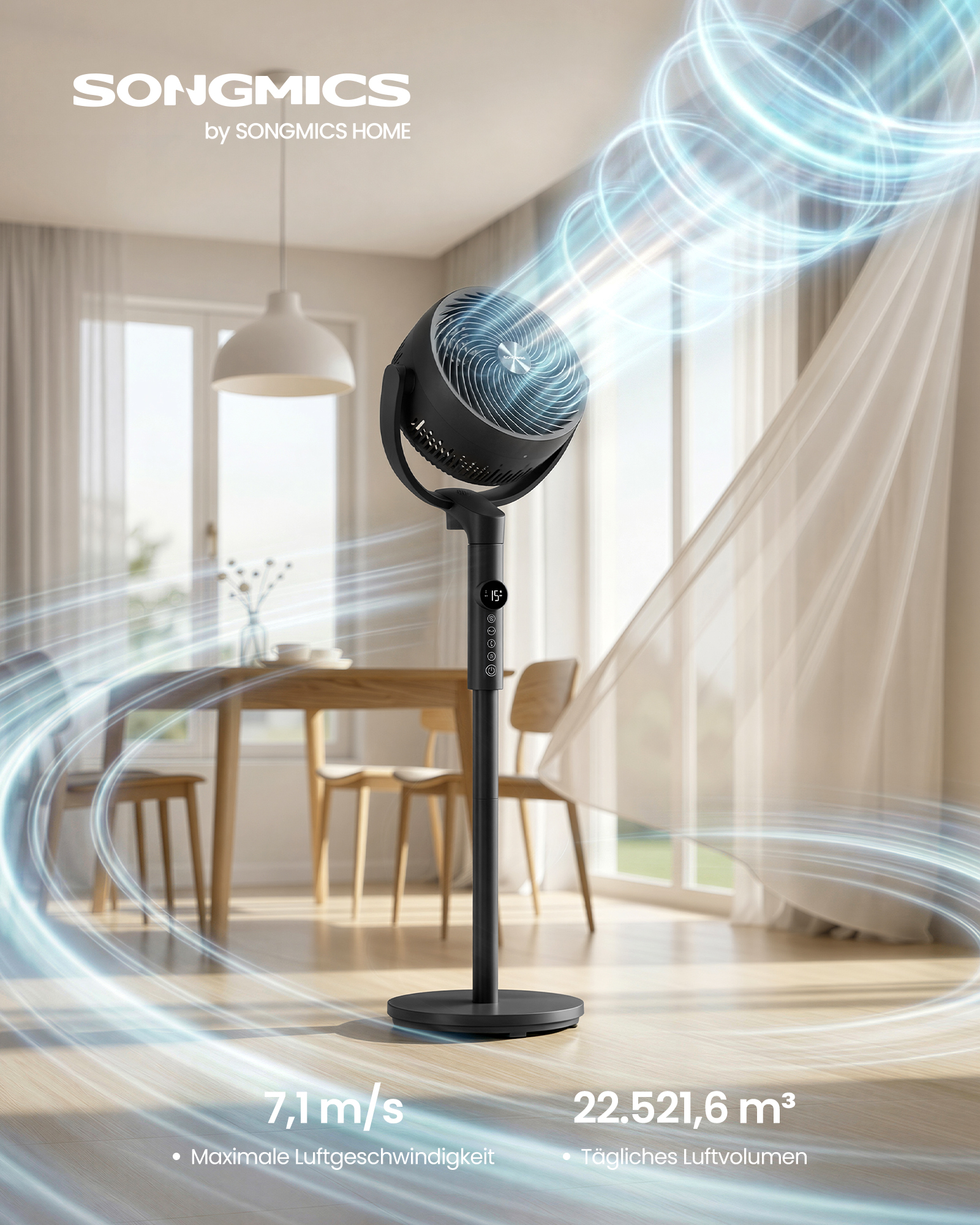 SONGMICS Standerventilator, Lydløs Ventilator 20 dB med Fjernbetjening, Luftcirkulator med 120 ° & 135 ° Oscillation, 15 Hastigheder, 15-timers Timer, 3 Tilstande, Højdejusterbar, Blæksort XFC002B1EU