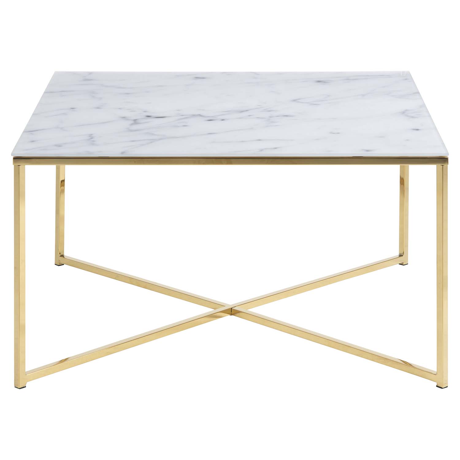 Billede af ACT NORDIC Alisma sofabord bordplade - glas m. hvid marmor print og guld metal (80x80)