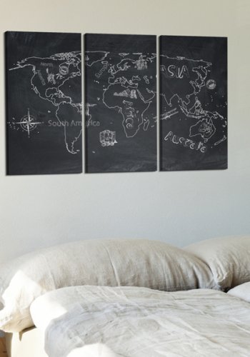 ARTGEIST Travel broadens the Mind - Verdenskort p� tavle trykt p� l�rred, 3-delt - Flere st�rrelser