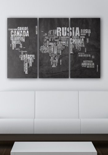 ARTGEIST Mundo Negro - Verdenskort m. spanske landenavne trykt p� l�rred, 3-delt - Flere st�rrelser