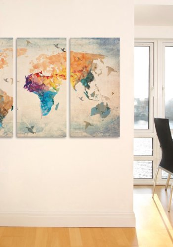 ARTGEIST - Geometrisk verdenskort med fugle trykt p� l�rred, 3-delt - Flere st�rrelser