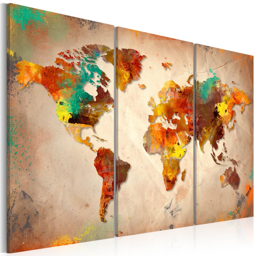ARTGEIST Painted World - Verdenskort i farverigt design trykt p� l�rred, 3-delt - Flere st�rrelser