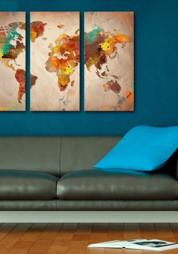 ARTGEIST Painted World - Verdenskort i farverigt design trykt p� l�rred, 3-delt - Flere st�rrelser