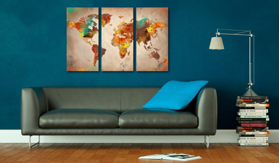 ARTGEIST Painted World - Verdenskort i farverigt design trykt p� l�rred, 3-delt - Flere st�rrelser