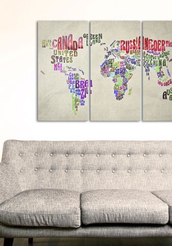 ARTGEIST Global Tourn&eacute; - Verdenskort med landenavne trykt p� l�rred, 3-delt - Flere st�rrelser