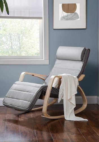 Songmics gyngestol, m. arml�n, justerbar fodst�tte i 5 pos. - lysegr� bomuld stof og natur birketr�