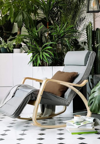 Songmics gyngestol, m. arml�n, justerbar fodst�tte i 5 pos. - lysegr� bomuld stof og natur birketr�
