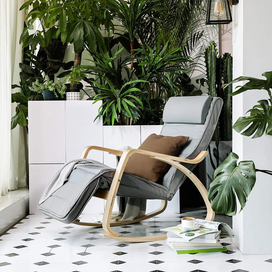 Songmics gyngestol, m. arml�n, justerbar fodst�tte i 5 pos. - lysegr� bomuld stof og natur birketr�