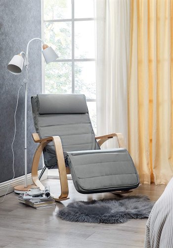 Songmics gyngestol, m. arml�n, justerbar fodst�tte i 5 pos. - lysegr� bomuld stof og natur birketr�